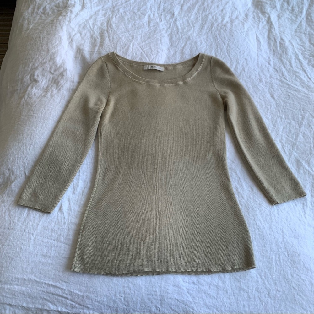 Vintage Prada Cashmere Silk Scoop Boatneck 3/4 Sleeve Knit Sweater Top 90s Tan